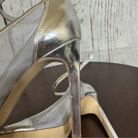 BCBGeneration Metallic Silver Open Toe Ankle Strapped Mesh side High Heels 7 GUC - Picture 8 of 16